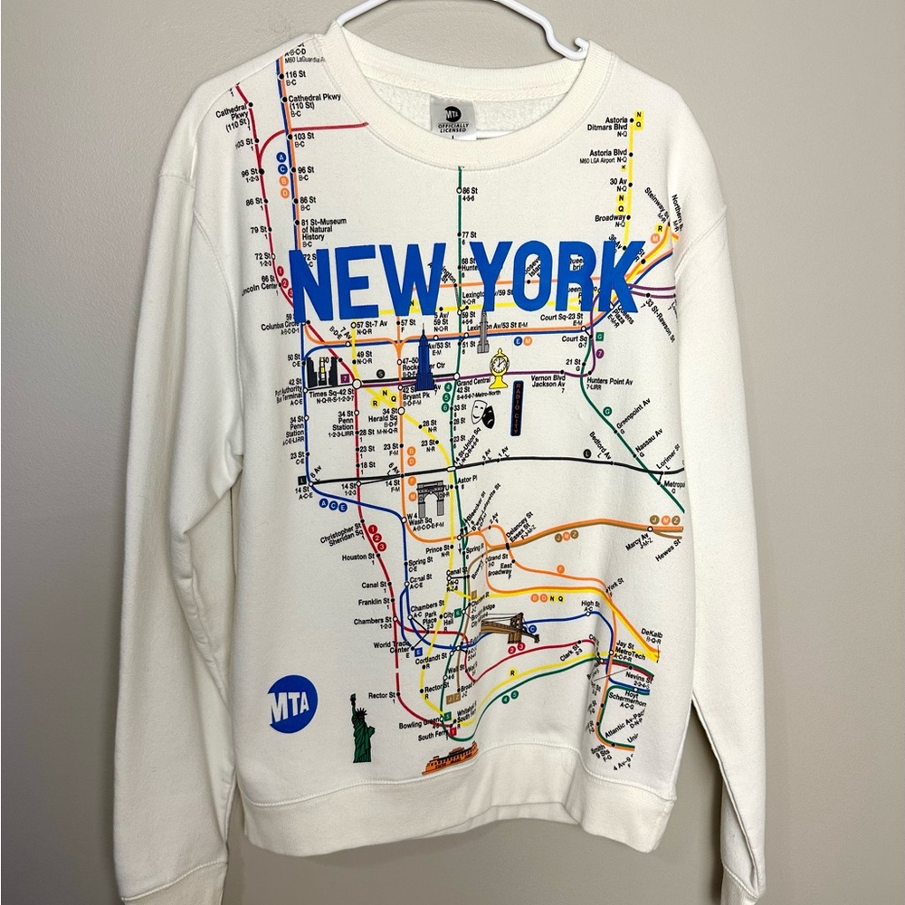 MTA New York Colorful Subway Map Graphic White Crewneck Sweatshirt Size L